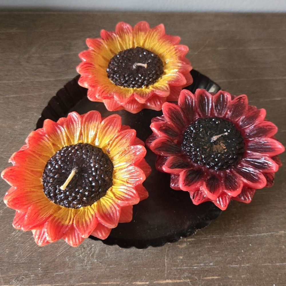 Sunflower‎ Candle Set 3pc with Black Metal Fluted Tart Tin Tray Rustic Decor